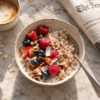 power coconut oatmeal breakfast with pecan and fresh fruit