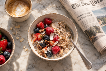 power coconut oatmeal breakfast with pecan and fresh fruit