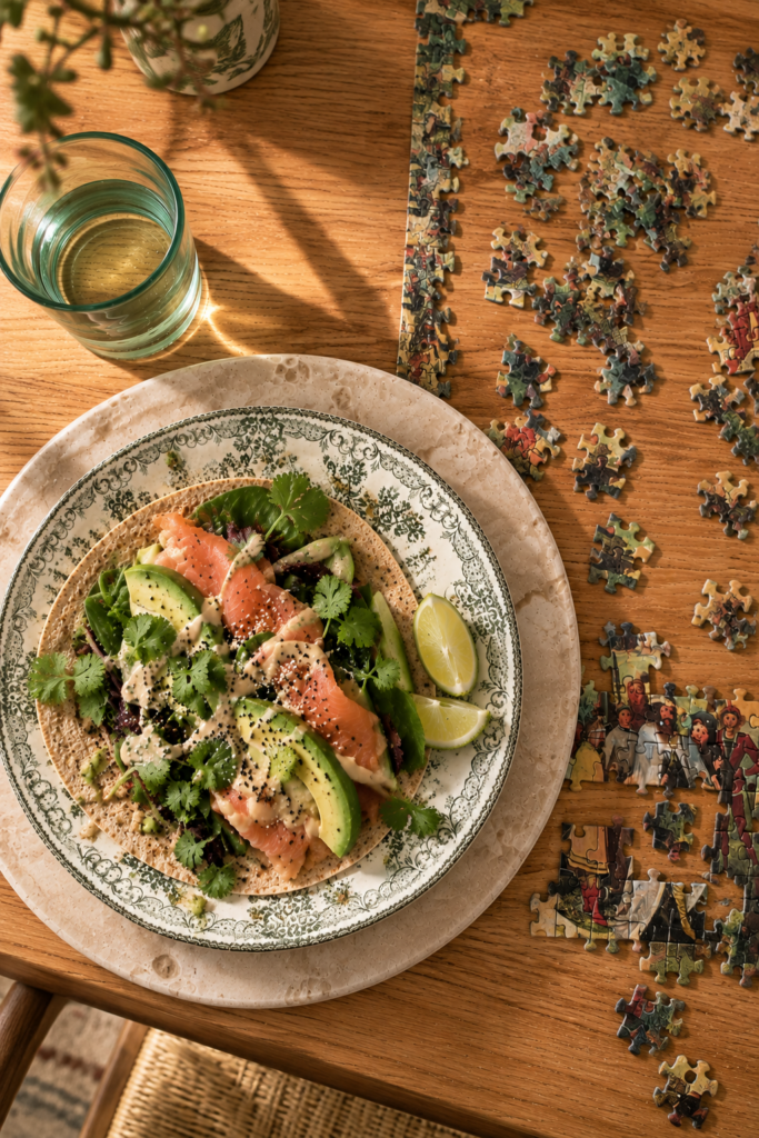 Salmon avocado wrap with sesame dressing