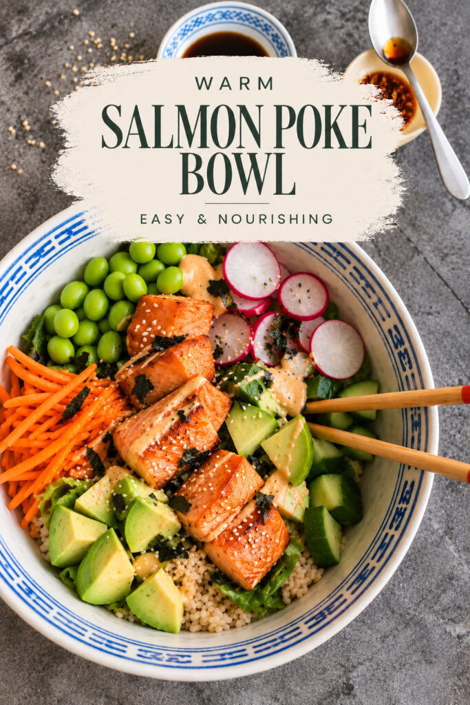 A warm salmon poke bowl with brown rice, avocado, edamame, cucumber, carrot, radishes and sesame seeds