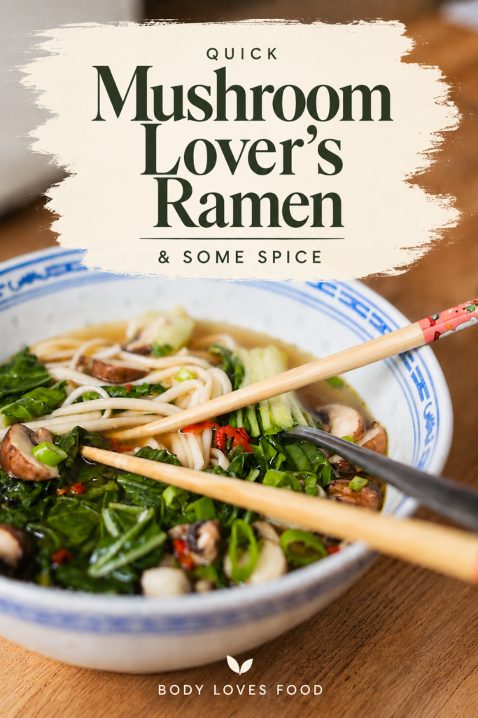Bowl of mushroom ramen with noodles, pak choi, mushrooms and spring onions